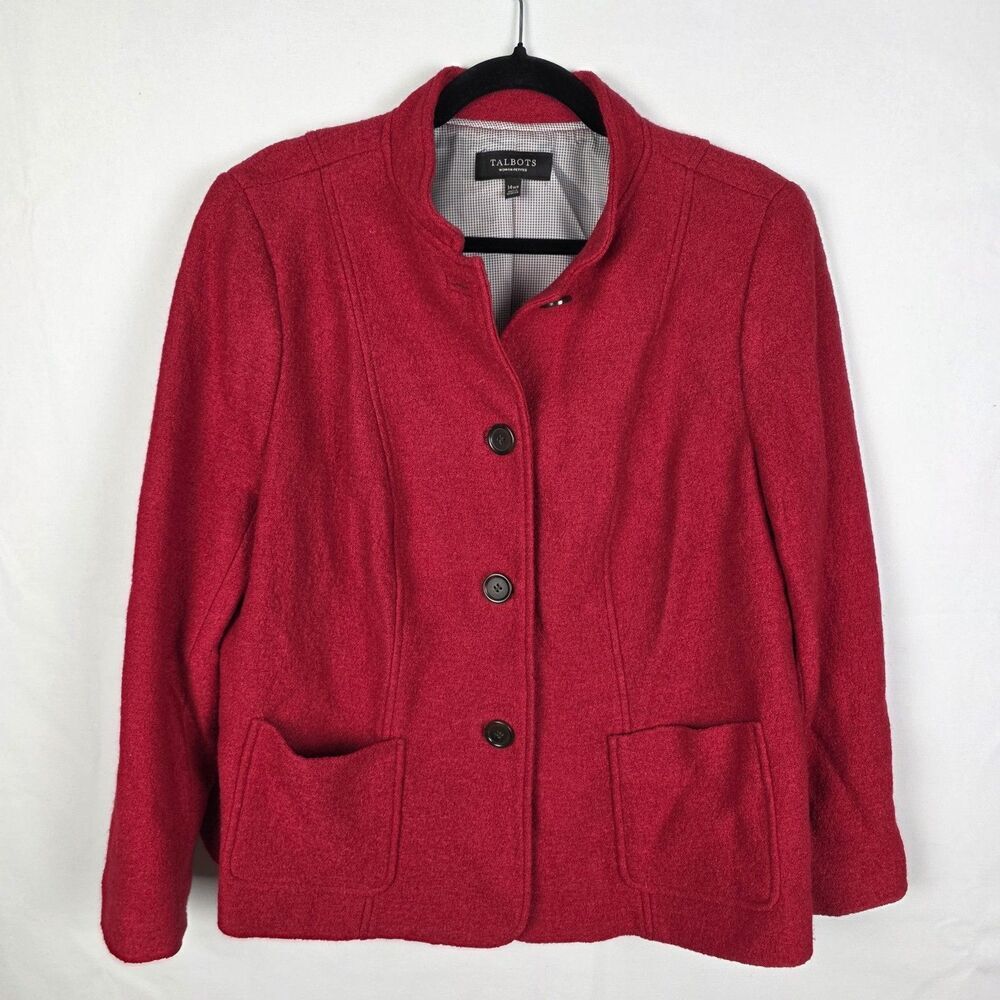 TALBOTS Women's Red Wool Blend Mock Neck Button Up Blazer Coat Size 14WP